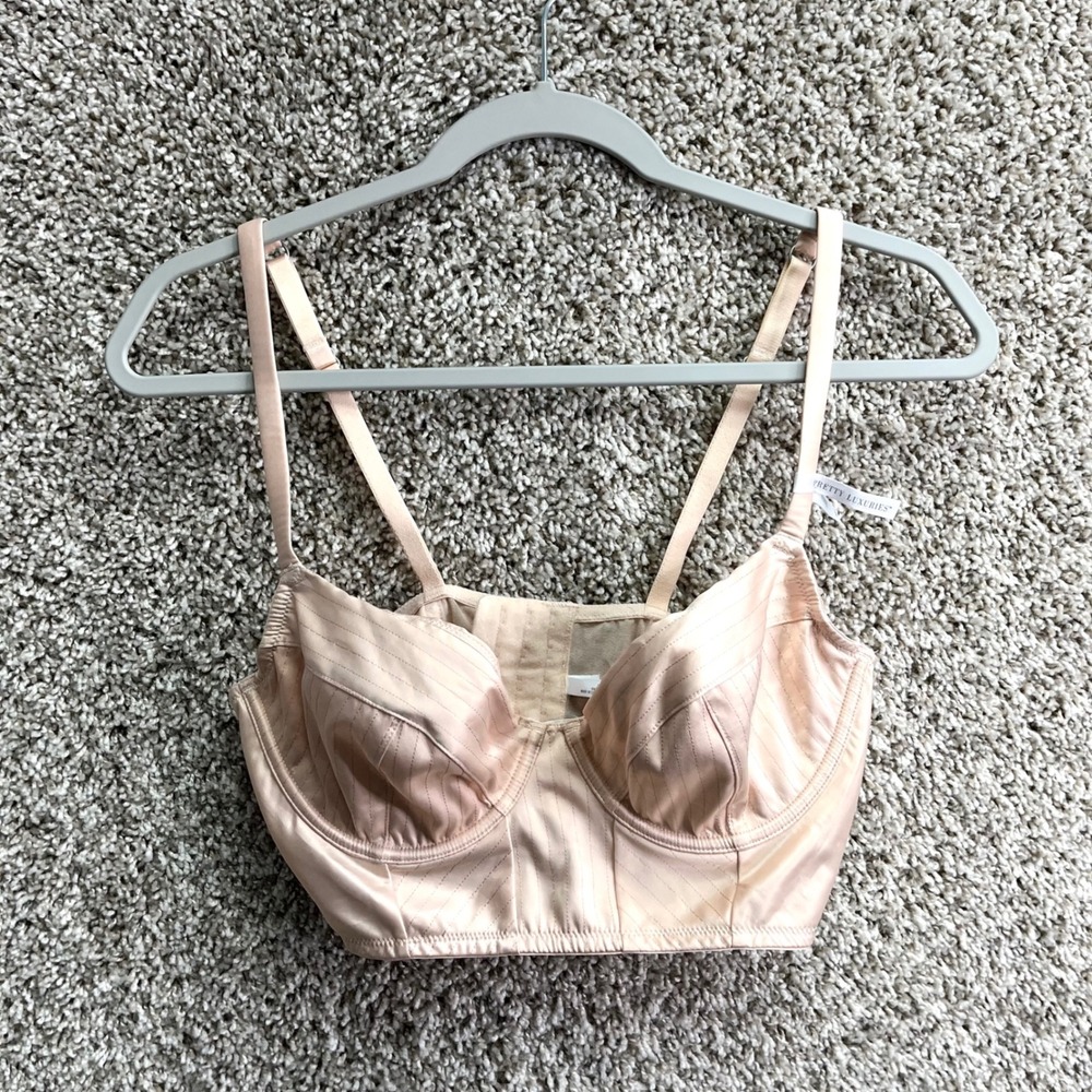Aerie Bra Women's 36C Pink Nude Satin Striped Longline Underwire Bustier NWT